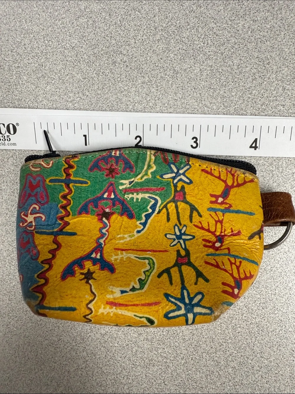 Vintage Colorful Yellow & Green Printed Leather keyring Pouch